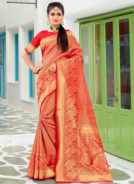 Red colour Santraj New Fancy Ethnic Wear Banarasi Silk Designer Saree Collection 1019